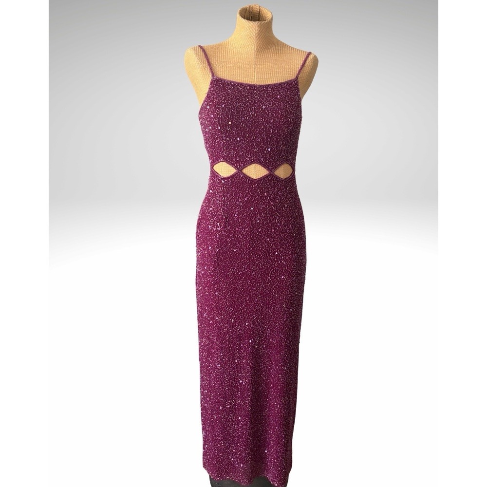Vtg Y2K Scala Womens Gown Formal Maxi Dress Beads Sequins Cutout Purple Medium